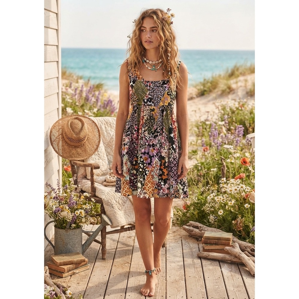 Natural Life Boho Patchwork Floral Mini Dress Smocked Back Sleeveless Small
